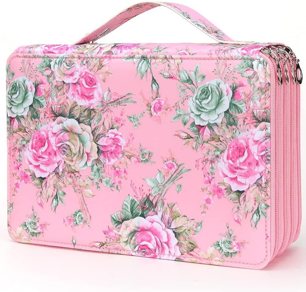 Vomgomfom Colored Pencil Case - 200 Slot Pencil Holder with Zipper Closure, Twill Fabric Large Capacity Pencil Case for Watercolor Pens or Markers, Artist Organizer (Pink Rose)
