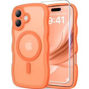 Magnetic for iPhone 17 Case, Cute Wavy Upgraded [Full Camera Protection][Fit for MagSafe] 1X Screen Protector + 1X Wrist Strap, Trendy Matte Women Girly Phone Case for iPhone 17 6.3", Cosmic Orange