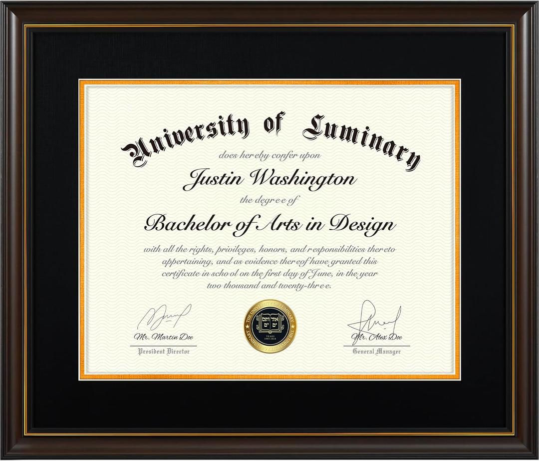 Luminary 15x18 Wood Diploma Frame with 11x14 Opening Black Mat for College Degree Certificate Document, Walnut Color Wooden Frame with Tempered Glass Panel for Wall Mount Display