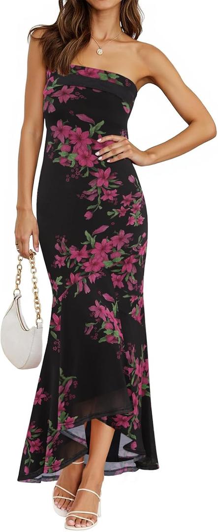 MEROKEETY Women's Summer Strapless Floral Maxi Dress 2026 Bodycon Mesh Wedding Guest Cocktail Party Tube Dresses (Black, L)
