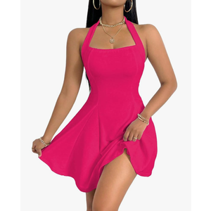 PerZeal Women's 2025 Summer Dress Sleeveless Halter Neck Sundress Backless Flared Short Mini Beach Dress, size M