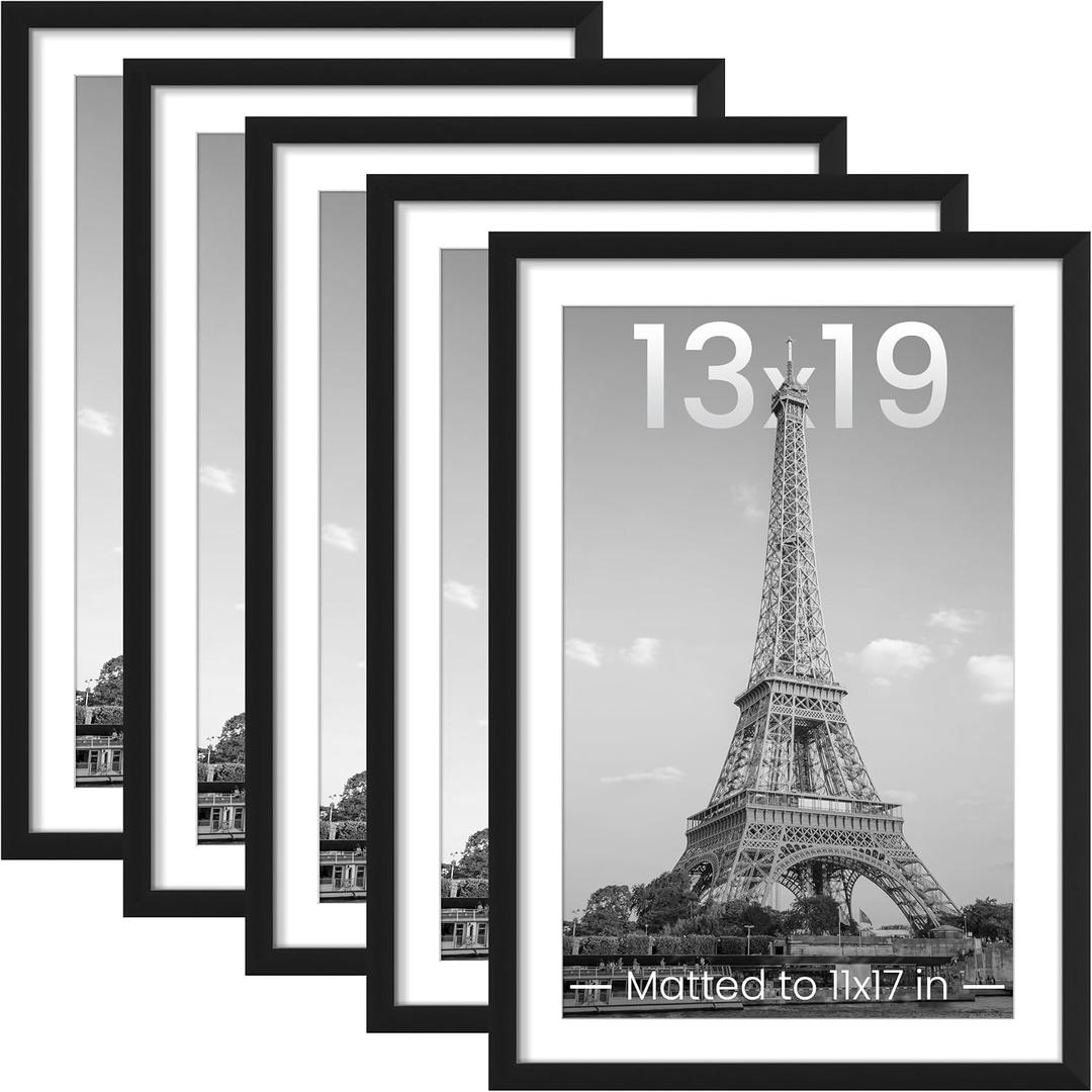 Upsimples 13x19 Picture Frame Set of 5, Display Pictures 11x17 with Mat or 13 x 19 Without, Wall Gallery Poster Frames, Black
