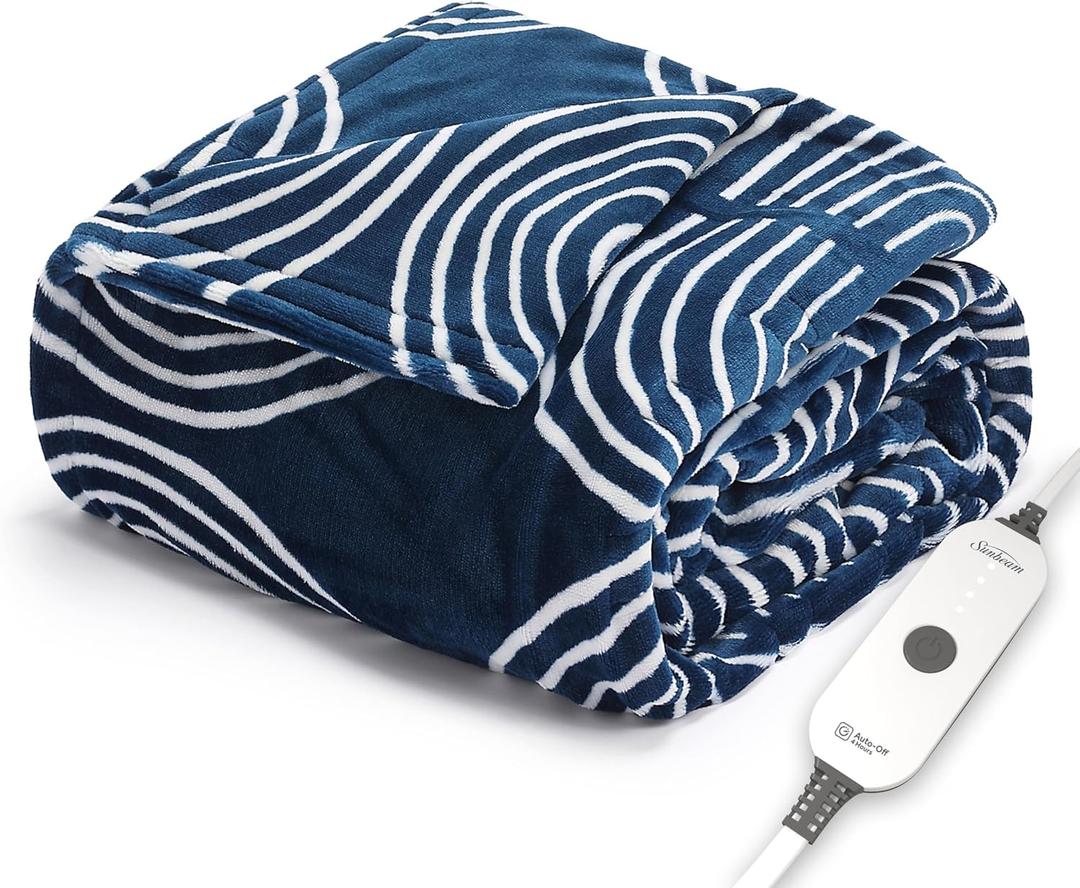 Sunbeam Ultimate Cozy Royal Posh Velvet Hand & Foot Pocket Heated Throw Electric Blanket, 50" x 72", 4 Heat Settings, 4-Hour Auto Shut-Off, Warming Throw for Couch, Machine Washable, Blue Rounds