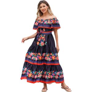 Women Mexican Dress Off Shoulder Floral Long Maxi Dress Summer Beach Party Cinco de Mayo Dresses with Belt (Small, Black)