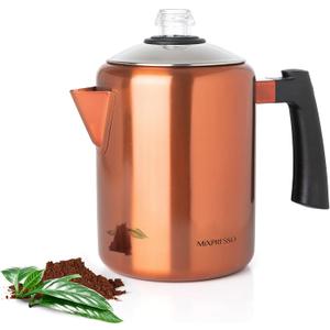 Mixpresso Copper Stainless Steel Coffee Percolator Stovetop, 37oz Classic Percolator Coffee Pot, Great For Camping Pot, 5-8 Cup Stove Top Espresso Maker, Cool-Touch Handle