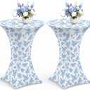 Mindsoft 2 Pcs 32''x43'' Blue Floral Highboy Spandex Cocktail Table Cover Fitted Stretch Cocktail Tablecloth Blue & White Porcelain Spandex High Top Table Cover for Wedding Birthday Graduation Party