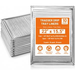 10-Pack Grill Drip Tray Liners for Traeger, Compatible with Traeger Pro 780/575, Pro 22 & Elite 22, Aluminum Disposable Foil Drip Pans with 2 Sizes (22in & 28in x 15.5in), BBQ Grill Accessories