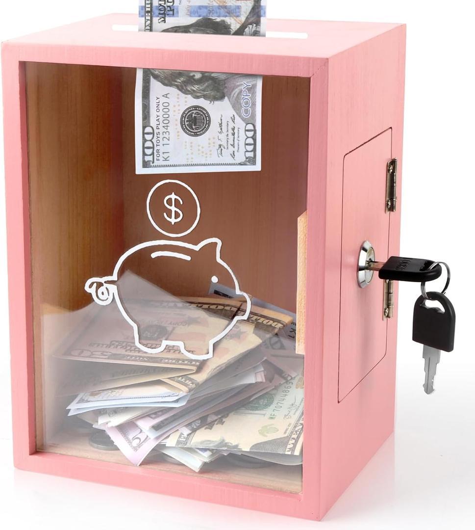 Clear Piggy Bank with Lock, Large Money Saving Jar Money Bank Box Container for Cash Saving, Openable Clear Money Coin Change Bank Jar Container Penny Piggy Jar Bank for Adults Kids, Pink