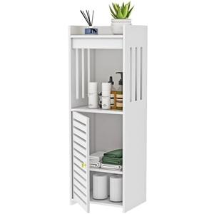 POBOMULI Small Bathroom Storage Cabinet, 4-Tier Narrow Bath Organizers with Door and Open Shelf for Toilet Bathroom Small Spaces, White
