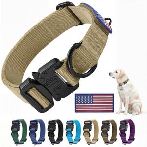 Heavy Duty Tactical Dog Collar Adjustable Nylon Pet Collars Quick Release Buckle with 2 D-Rings Patch for Medium, Large Dogs (Khaki, Size M) (Medium:Width 1.5",Neck 14-20")
