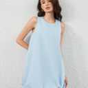 Summer Bubble Mini Dress for Women Sleeveless Crew Neck Causal Short Dress Tie Back Solid Tank Sundress with Pockets Blue (Blue, L)