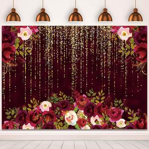 7x5ft Burgundy Red Flowers Wedding Backdrop for Photography Gold Dots Background for Bridal Shower, Woman & Girl Birthday Party Cake Table Decorations Banner Photo Studio Props