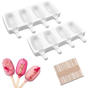 Sakolla 2 Pack Mini Popsicle Silicone Molds, 4 Cavities Oval Ice Pop Molds with 50 Wooden Sticks for Homemade Ice Cream, Cakesicles, Cake Pop (White)