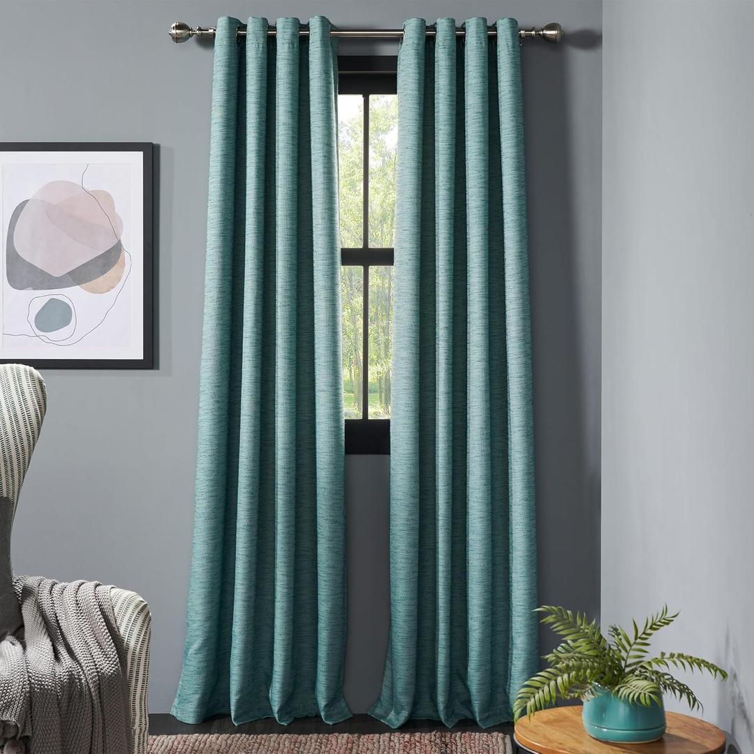 Deco Window 36-66 Inch Adjustable Curtain Rod with Wooden Finials & 2 Pcs Semi-Blackout (Teal)