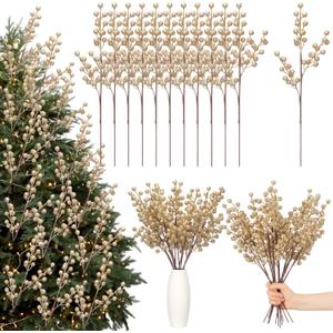 Norme 12 Pcs Glitter Christmas Tree Ornaments Decoration 16 Inch Christmas Tree Floral Picks Artificial Berry Stems DIY Glittery Twigs Berry Branches for Xmas Holiday Wedding Party(Glitter Champagne)