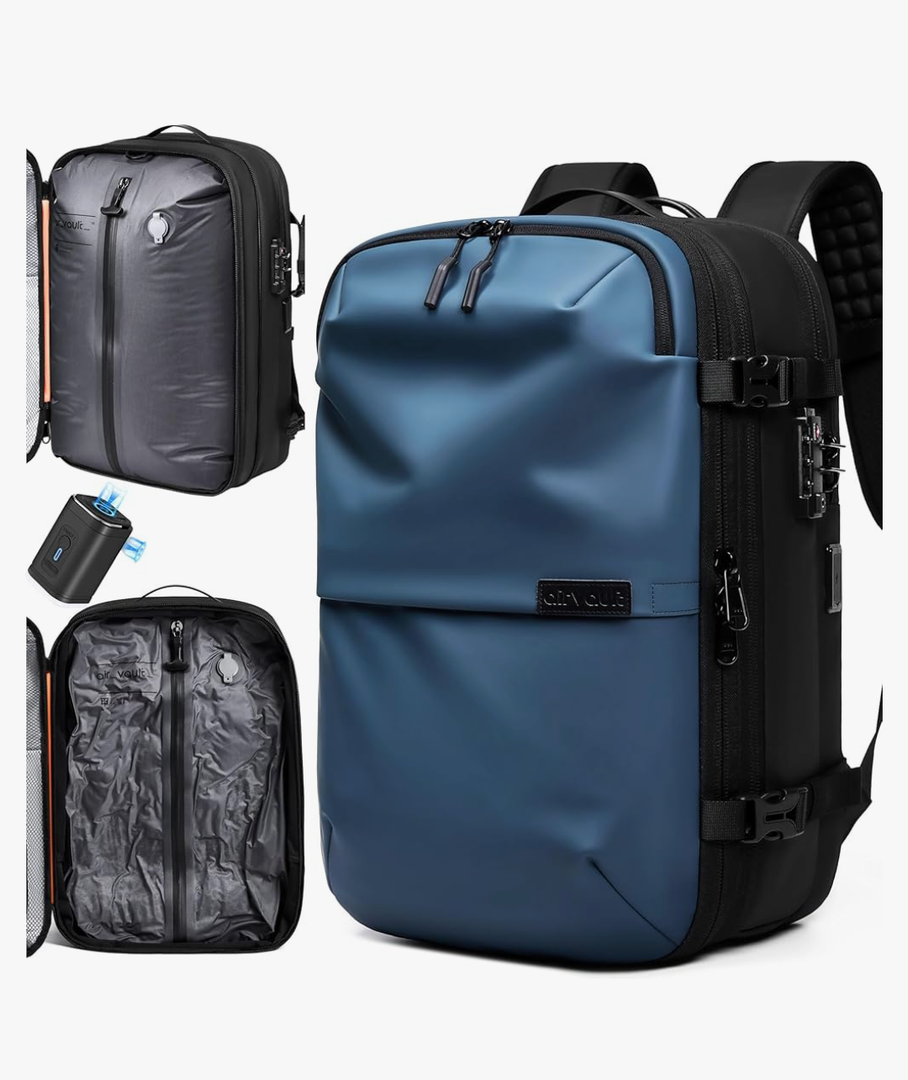 AirVault Vacuum Seal Travel Backpack 60L - Expandable Air Compression Vacuum System, Water-Resistant, Carry-On with TSA Lock Fits 19" Laptop (Blue)