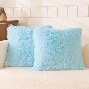 Faux Fur Blue Throw Pillow Covers, Fluffy Soft Fuzzy Decorative Pillow Cases Cute Pillowcases for Home Bedroom Living Room, Zipper Closure, Set of 2 (Blue, 18"x 18")