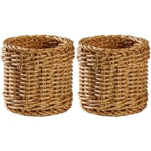 Amosfun Rattan Pencil Holder Wicker Basket Weave Pen Cup Makeup Brush Organizer 4 Inch Cylinder Desk Storage Container for Home Office 2 Pack