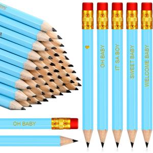 Crtiin 50 Pieces Baby Shower Pencils for Activities Mini Golf Half Pencils, Presharpened with Erasers, 4 Inch(Blue,Boy Style)