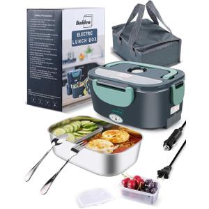 Buddew Electric Heated Lunch Box for Adults - 80W Fast Heating, 1.5L Food-Grade Stainless Steel, 12V/24V/110V Portable Food Warmer for Work Travel Car, Lonchera Electrica Portatil (Green)