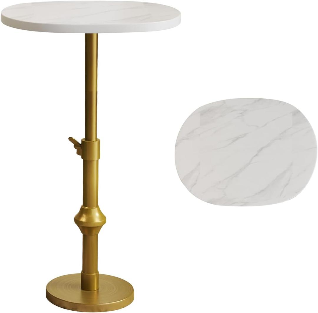 Marble Drink Table, 10"x12"x(22~30") Martini Table with Metal Antique Brass Adjustable Stand Base, Drink Tables for Small Spaces, Living Room, Bedroom, Or Office (White)