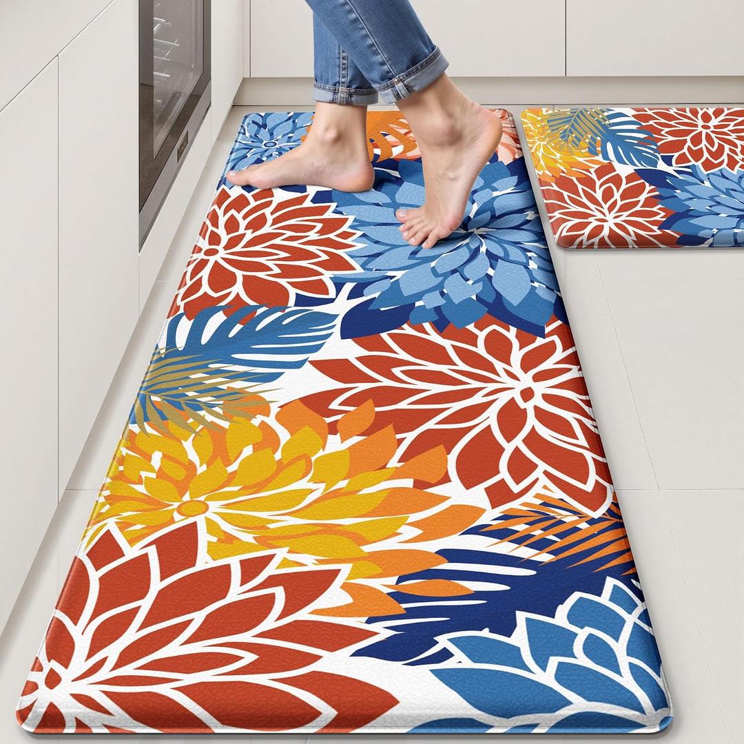 Arenarug Kitchen Mats for Floor 2PCS Cushioned Anti Fatigue Kitchen Mats Waterproof Non Slip Kitchen Mat Rug Set Comfort Foam Standing Mat for Sink, Laundry, Office,17.3" x 28" + 17.3" x 47", Red Blue