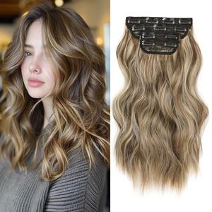 Clip in Hair Extensions 4PCS Short Wavy Synthetic Hair Extensions 16 Inch Light Brown Highlighted Dirty Blonde Clip Ins Thick and Lightweight Hairpieces for Women