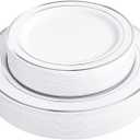 FLOWERCAT 60PCS Silver Plastic Plates - Heavy Duty White and Silver Plastic Plates Disposable - Include 30PCS 10.25inch Dinner Plates and 30PCS 7.5inch Dessert Plates for Wedding&Birthday Party