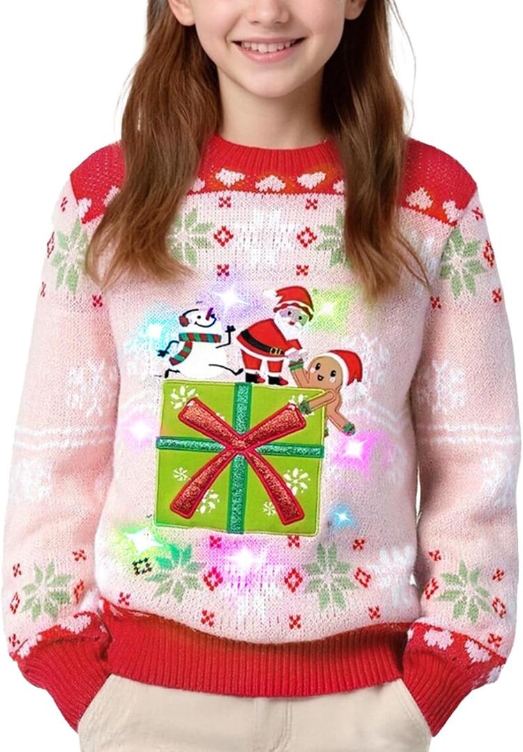 Meland Kids Ugly Christmas Sweater - Light Up Funny Holiday Pullover - Cute Xmas Sweater for Boys & Girls(US, Age, 5 Years, 7 Years, Pink Christmas)
