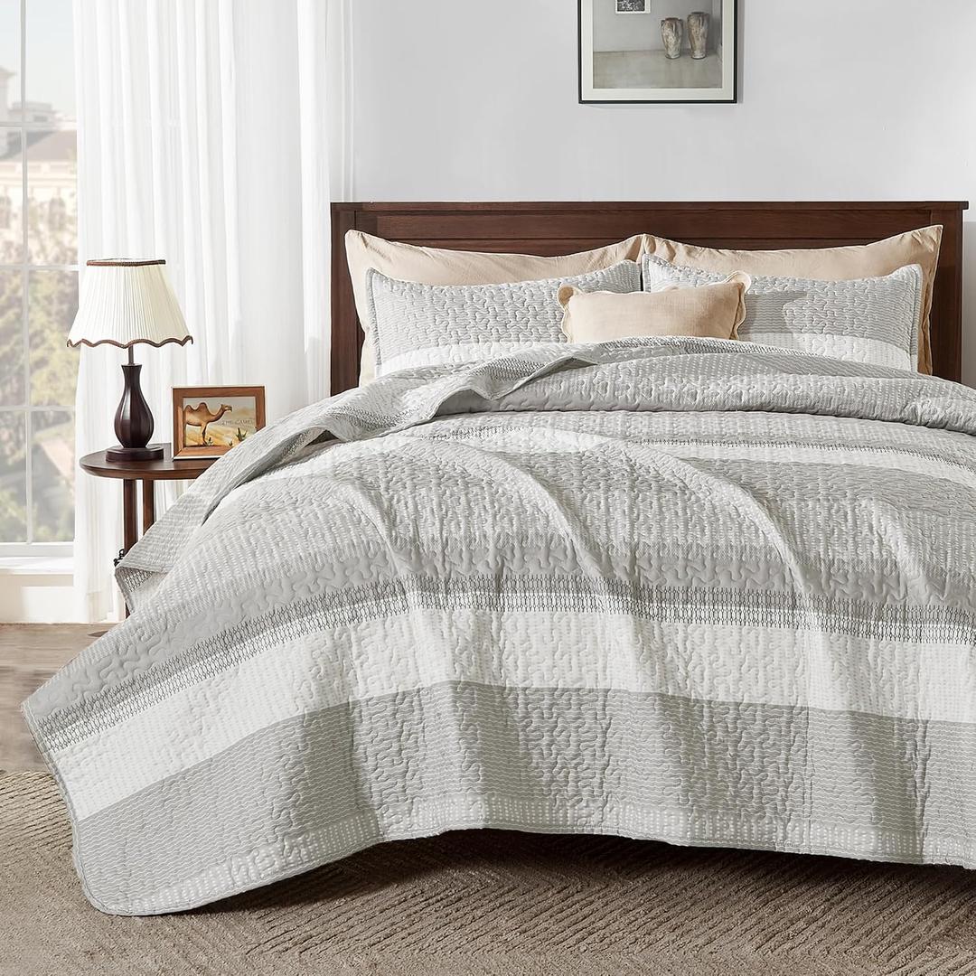 Andency King Size Quilt Set Linen Grey, 3 Pieces Summer Ultra Soft Lightweight Bedspreads & Coverlets Set, Patchwork Striped Quilted Bedding Sets for All Seasons (1 Quilt, 2 Pillow Shams)