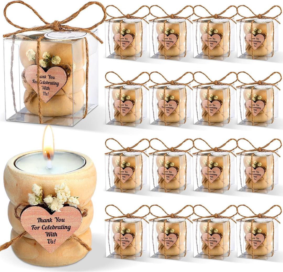 MTLEE 16 Pack Wooden Tealight Candle Holders Kit Guest Gifts for Wedding Baby Shower Baptism Christening Housewarming Party Handmade Thank You Candle with Card Box Rope(Boho)