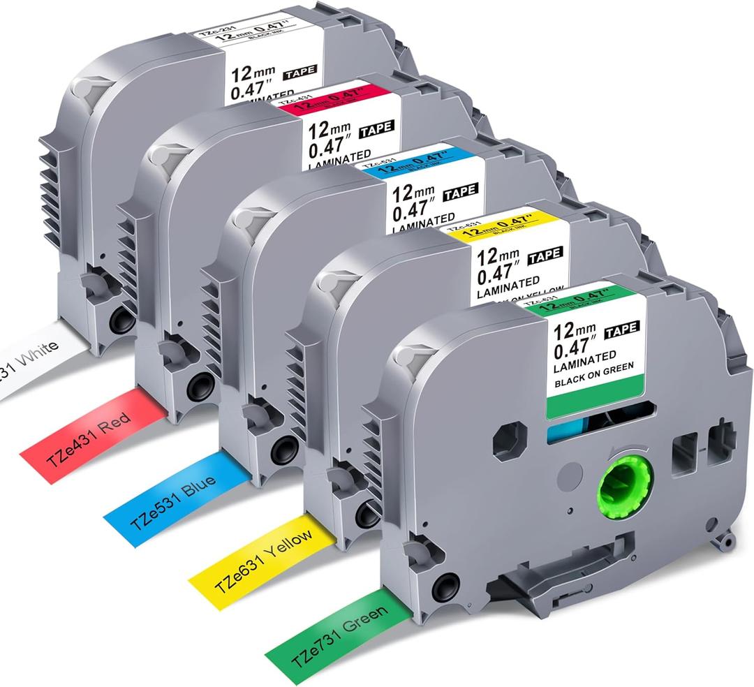 5-Pack Label Maker Tape Replace for Brother TZe TZ Tape 12mm 0.47 Laminated Colored White/Red/Blue/Yellow/Green Compatibel with Brother P Touch Label Maker PTH110 PTD220 PTD210 PT-D410