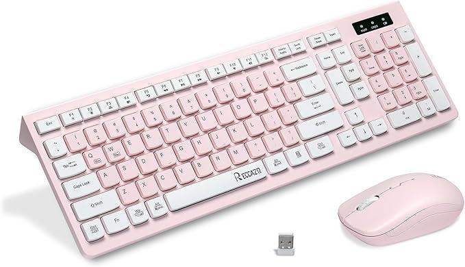 Wireless Keyboard and Mouse Combo, Reccazr 2.4G FullSized Keyboard and Mouse Cordless, 3 DPI Adjustable Mouse, DualSystem Keyboard for Computer/Laptop/Windows/Mac (Pink & White)