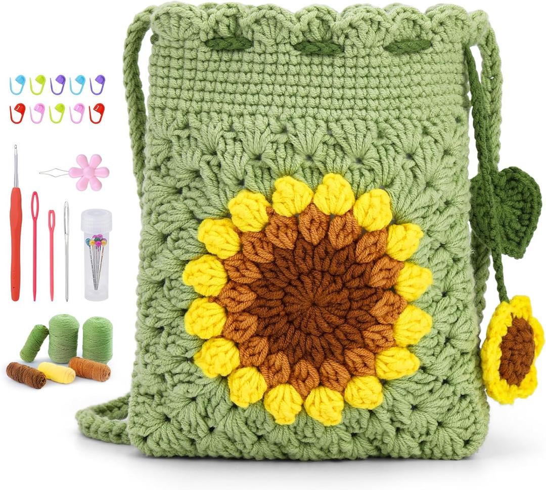 Fedmut Crochet Kit for Beginners - Phonebag Crochet Starter Kit with Video Tutorials and Yarns, Hook, Accessories for Adult Knitting Craft DIY (Green)