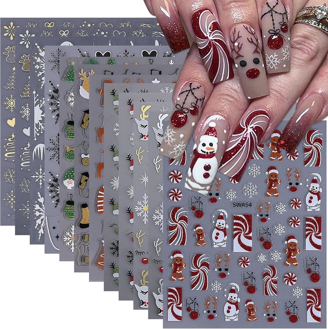 Christmas Red Nail Stickers Decals 12PCS Santa Claus Winter Snowflakes 3D Nail Art Sticker for Women Self-Adhesive Glitter Slider Deer Gingerbread Men Tree Holiday Manicure Decoration Nail Supplies