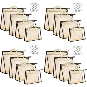 16 Pack Clear Handbag Storage Organizer and 16 Stainless Steel S-Hooks Anti-dust Purse Storage Bags with Zipper and Handle Moisture Proof Dust Cover Organizer Bags for Closet Hanging, 4 Assorted Sizes