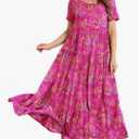 YESNO Women Casual Loose Bohemian Floral Dress with Pockets Short Sleeve Long Maxi Summer Beach Swing Dress EJF, Pink, 3XL