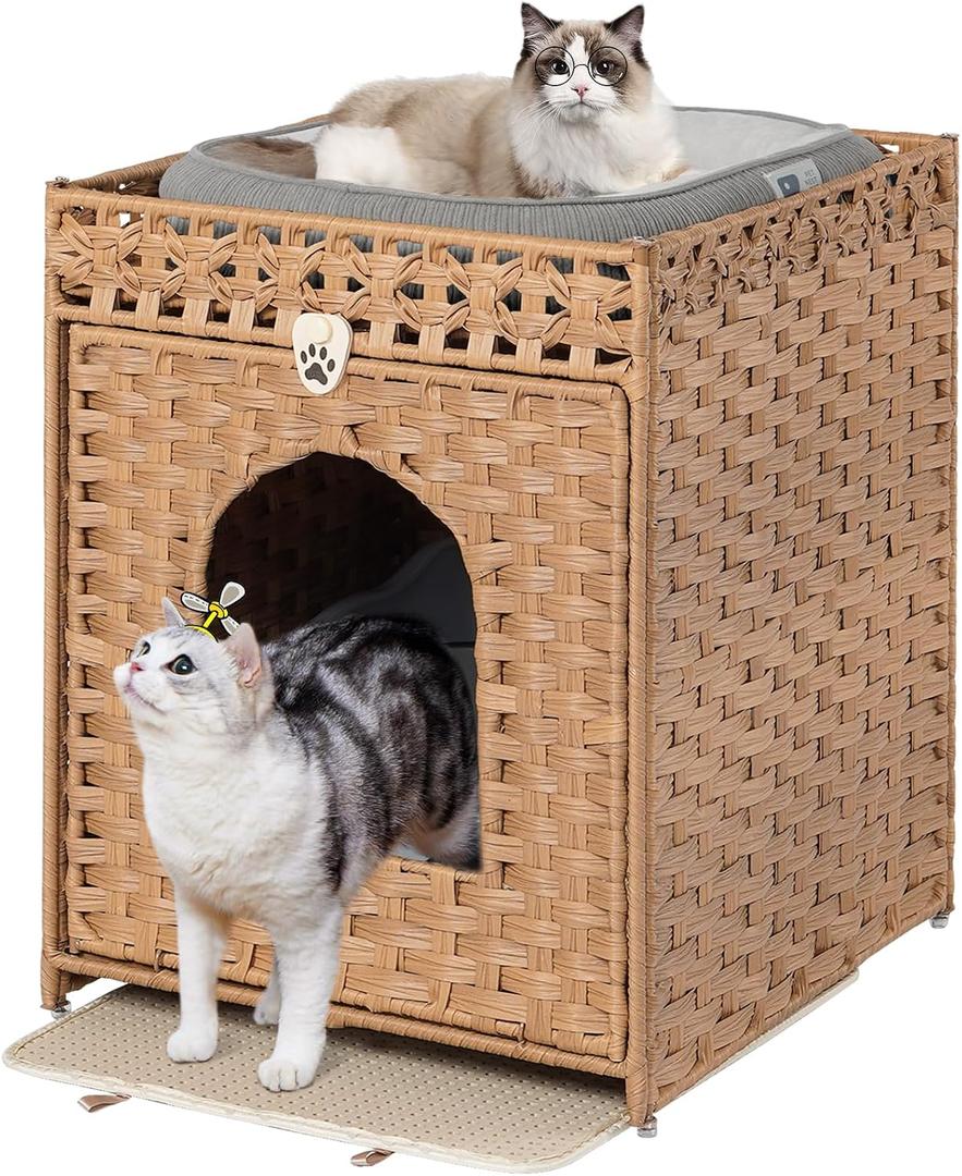 Snughome Cat Litter Box Enclosure Furniture Hidden with Litter Mat, Hidden Washroom Furniture with Door, Handwoven Rattan Cat Washroom Box, Indoor Pet House for Living Room, Bedroom(Natural)