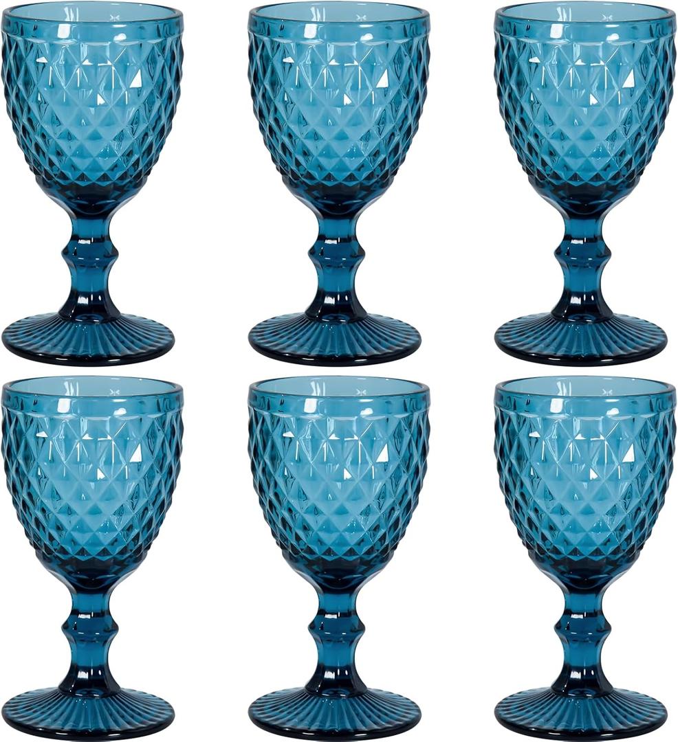Vintage Wine Glasses Set of 6, 12 OZ Colored Glass Water Goblets, Embossed Floral Decorative Crystal Glass Cups Set, Dishwasher Safe, for Wedding, Party, Red Wine Glass, Bars, Restaurants