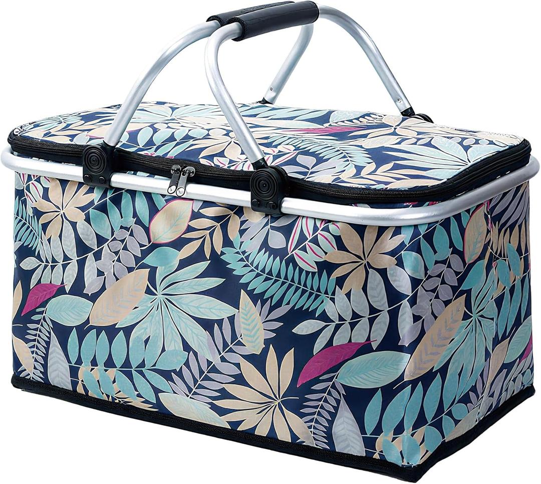 Insulated Picnic Basket, Folding Grocery Basket Insulated Cooler Bag, Collapsible Shopping Baskets with 25L Large Market Basket with Handles for Picnic Travel Food Delivery Market Shopping Blue