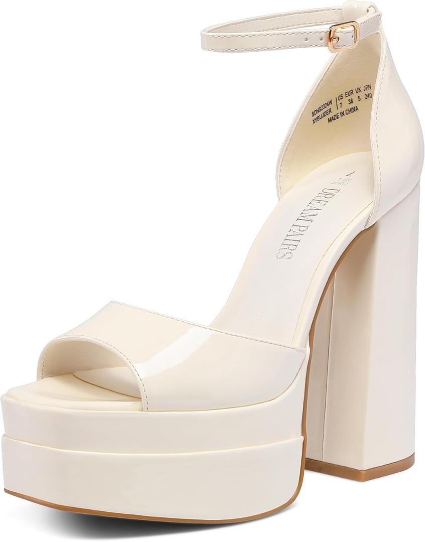 DREAM PAIRS High Heels Chunky Block Platform Heels for Women Ankle Strap Sexy Open Square Toe Heels Dressy Pumps Sandals (7.5, Beige-Pat)