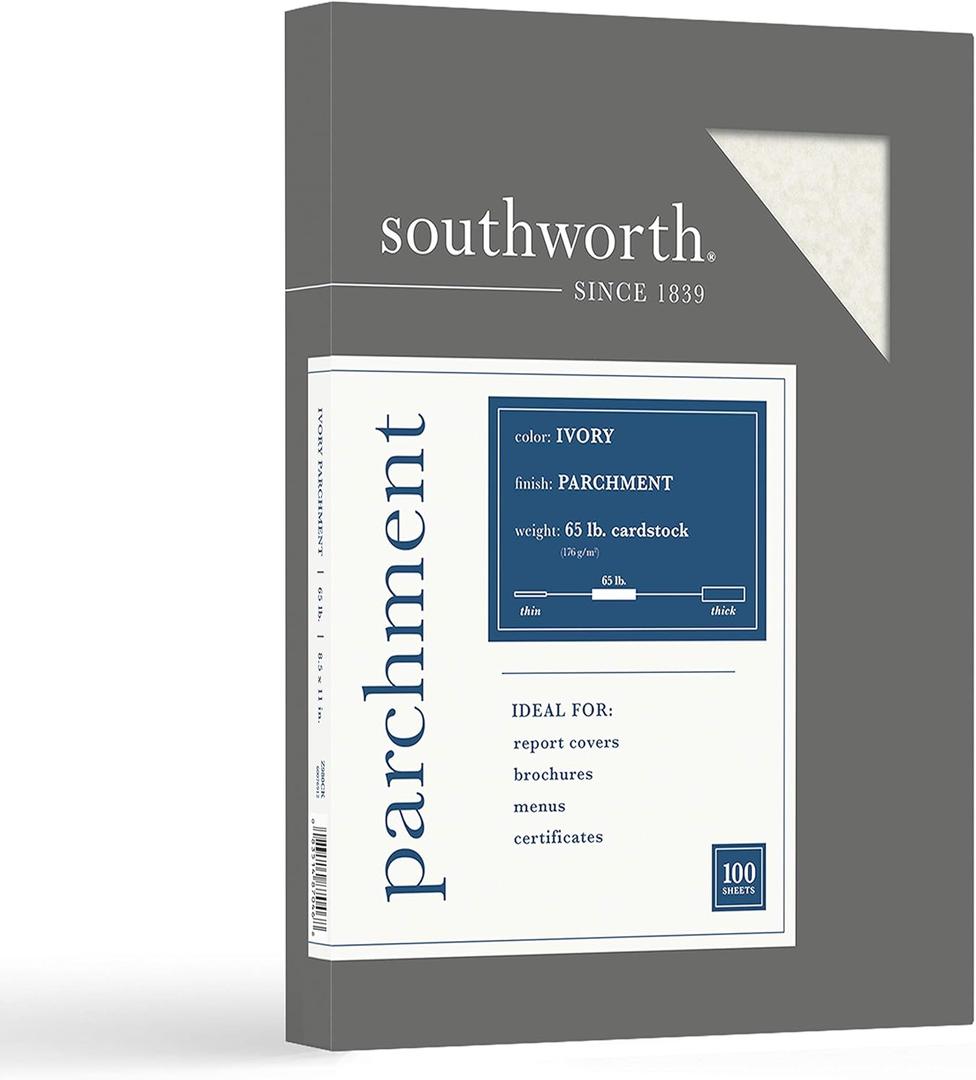 Southworth Company, Agawam, MA Z980CK Fine Parchment Paper,65lb,100 SH/BX,Acid-Free/Lignin,Ivory