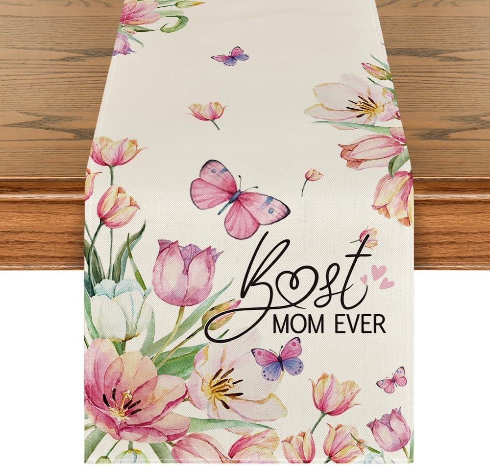 Artoid Mode Best Mom Ever Butterfly Floral Mother's Day Table Runner, Seasonal Spring Floral Kitchen Dining Table Decoration for Home Party Decor 13x72 Inch