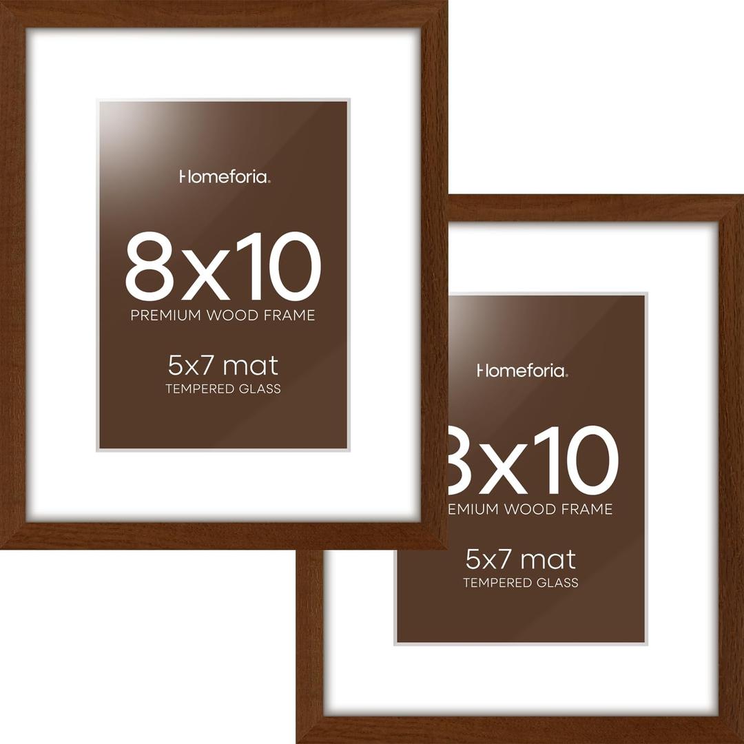 Homeforia 8x10 Picture Frame Brown, High End Dark Oak 8 x 10 Walnut Wooden Frames with Mat 5 by 7 Photo, 8x10 Wood Frame Matted to 5x7 Print, Wall or Tabletop Frame, Tempered Glass, Wall Kit, Set of 2