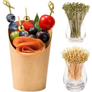 100 Pcs 12 oz Charcuterie Cups with Bamboo Skewers, Disposable Paper Appetizer Snack Holder Brown with Cocktail Picks (100 Cups + 200 Skewers) Color May Vary