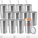 12 Pack Insulated Coffee Tumbler Stainless Steel Double Wall Vacuum Travel Tumbler Cup with Lid and Straw for DIY Gift, Silver 20oz