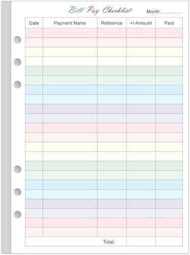 Payment Checklist Refills - 50 Sheets/100 Pages Colorful Monthly Budget Forms for A5 Binder, 6 Hole Punched, 100 gsm White Paper, 5.8" x 8.3"