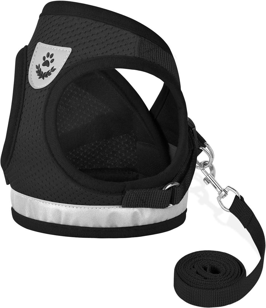 Cat Harnesses and Puppy Harness with Leashes Set, Escape Proof Cat Harness, Adjustable Reflective Soft Mesh Vest Fit Puppy Kitten Rabbit Ferrets's Outdoor Harness (Black)