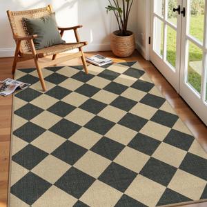 Lessymo Checkered 3x5 Outdoor Patio Rug, Washable Easy Jute Rugs for Entryway Indoor Outdoor Living Room Carpet, Farmhouse Non Slip Door Mat for Backyard Bedroom, Diamond Black/Beige (Black/Checkerboard-1)