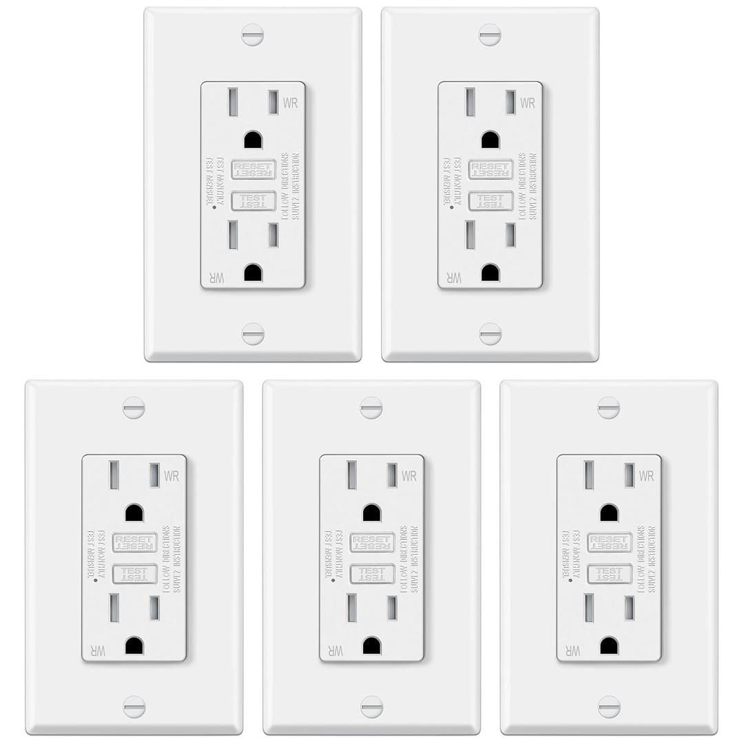 5 Pack GFCI Outlet 15 Amp, Outdoor Weather Resistant (WR), Ultra Slim GFI Receptacles with LED Indicator, Ground Fault Circuit Interrupter, Wallplate Included, ETL Listed, White